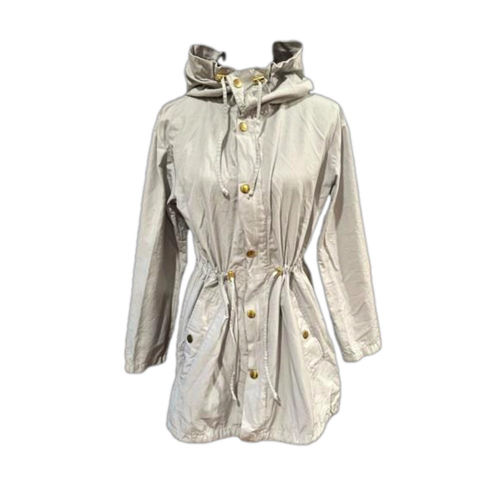 EUC Live a Little Tranch coat with waist strings and hood Sz M